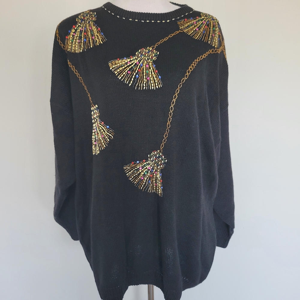 VICTORIA WOMAN Vintage 1980s 90s Black Beaded Sequin Jeweled Sweater Sz 2XL/3XL